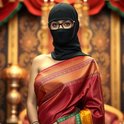 A hot Indian sexy girl elegantly dressed in a beautifully draped saree that perfectly hugs her curves, with a slim face covered by a tight-fitting balaclava, adding an alluring air of mystery