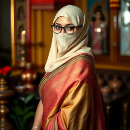 A hot Indian sexy girl elegantly dressed in a beautifully draped saree that perfectly hugs her curves, with a slim face covered by a tight-fitting balaclava, adding an alluring air of mystery