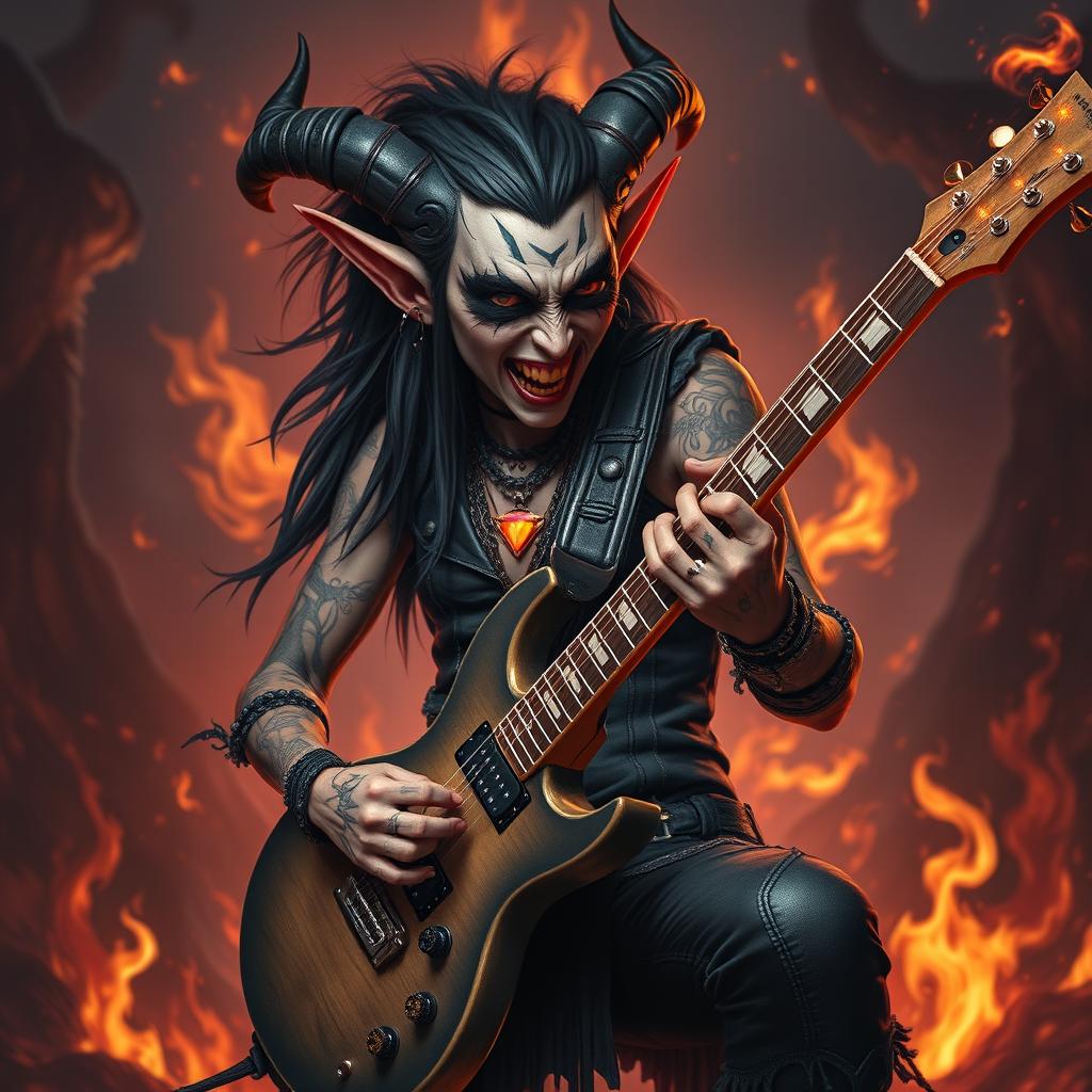 A Tiefling Bard Warlock with gothic black-metal makeup, thick mascara, intricate tattoos, and multiple piercings, dressed in punk and heavy metal clothing