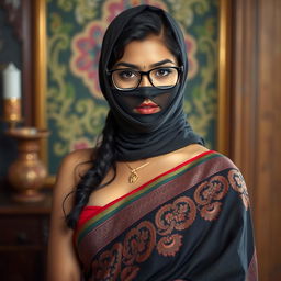 A hot Indian sexy girl dressed in a beautifully draped saree that elegantly accentuates her curves, with a slim face partially obscured by a tightly fitting balaclava, enhancing her allure