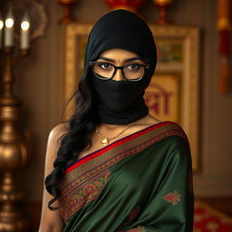 A hot Indian sexy girl dressed in a beautifully draped saree that elegantly accentuates her curves, with a slim face partially obscured by a tightly fitting balaclava, enhancing her allure