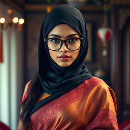 A hot Indian sexy girl dressed in a beautifully draped saree that elegantly accentuates her curves, with a slim face partially obscured by a tightly fitting balaclava, enhancing her allure