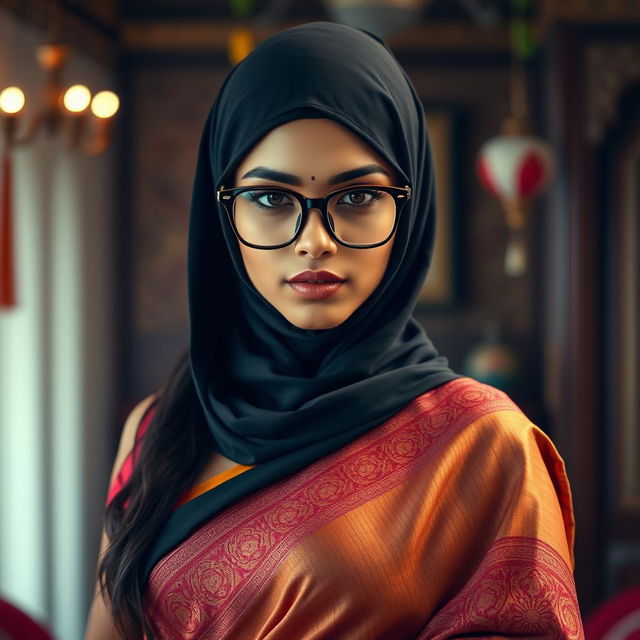 A hot Indian sexy girl dressed in a beautifully draped saree that elegantly accentuates her curves, with a slim face partially obscured by a tightly fitting balaclava, enhancing her allure