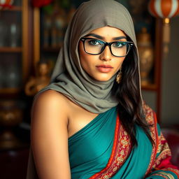 A hot Indian sexy girl dressed in a beautifully draped saree that elegantly accentuates her curves, with a slim face partially obscured by a tightly fitting balaclava, enhancing her allure