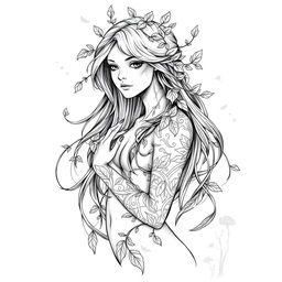 A detailed and artistic sketch design of a female dryad, elegantly portrayed with long flowing hair intertwined with leaves and vines