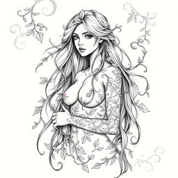 A detailed and artistic sketch design of a female dryad, elegantly portrayed with long flowing hair intertwined with leaves and vines