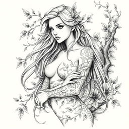 A detailed and artistic sketch design of a female dryad, elegantly portrayed with long flowing hair intertwined with leaves and vines