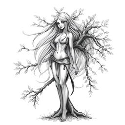 A detailed and imaginative sketch of a standing female elf, gracefully transitioning into a tree