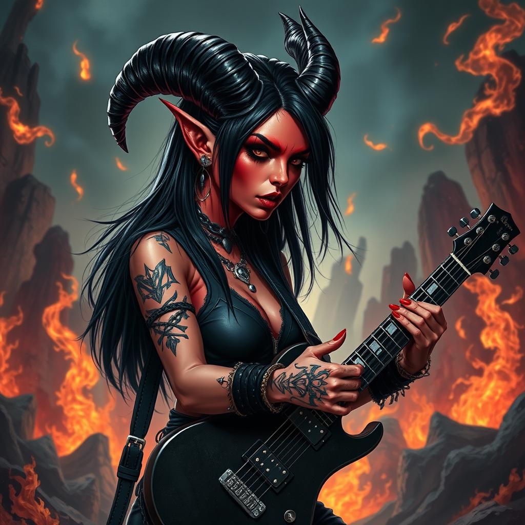 A female Tiefling Bard Warlock characterized by red skin and glossy black hair, her black horns sleekly extending straight back from her temples with a slight curve