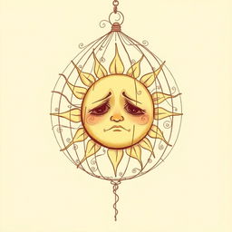 A poignant and artistic sketch of a sad sun, anthropomorphized with gentle, expressive features