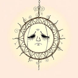 A poignant and artistic sketch of a sad sun, anthropomorphized with gentle, expressive features