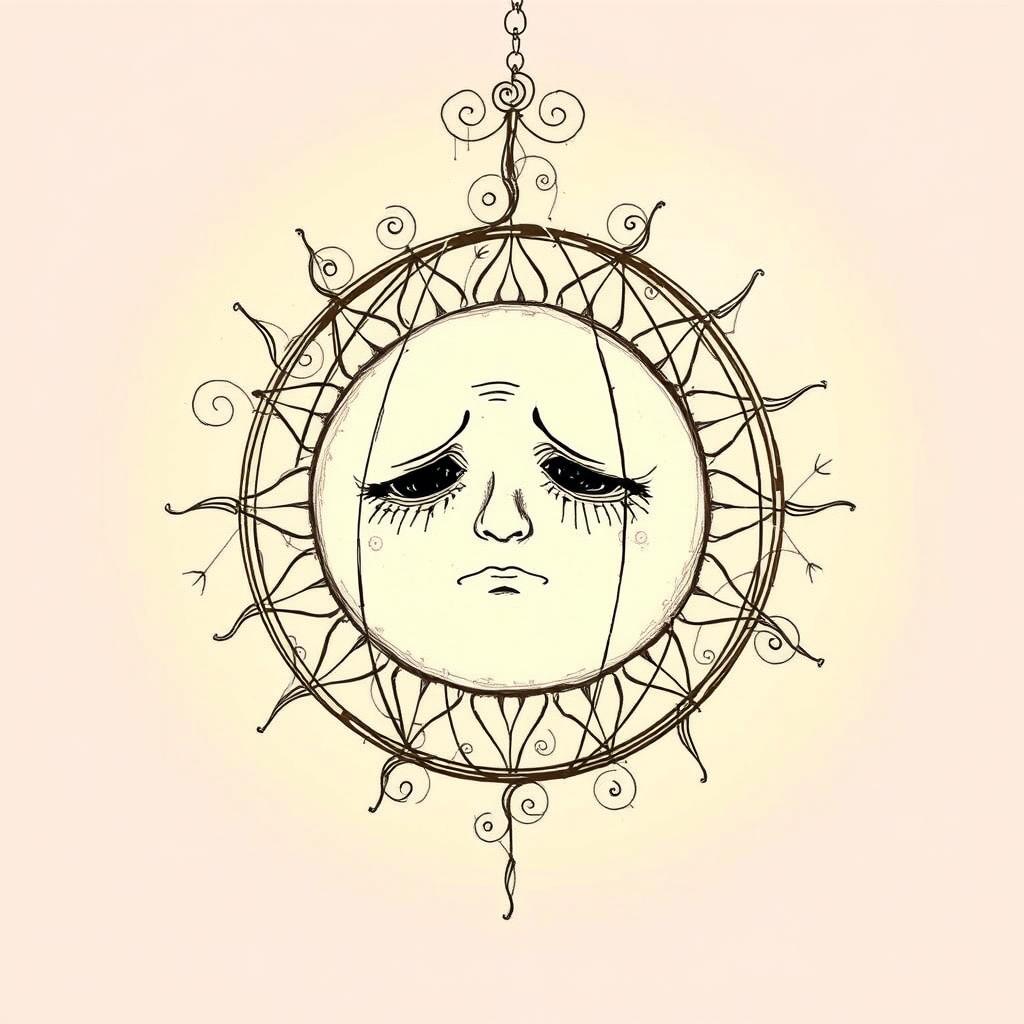 A poignant and artistic sketch of a sad sun, anthropomorphized with gentle, expressive features