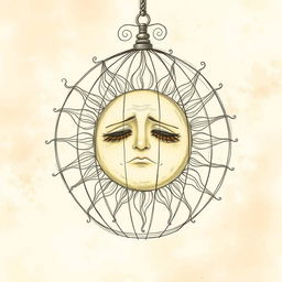 A poignant and artistic sketch of a sad sun, anthropomorphized with gentle, expressive features