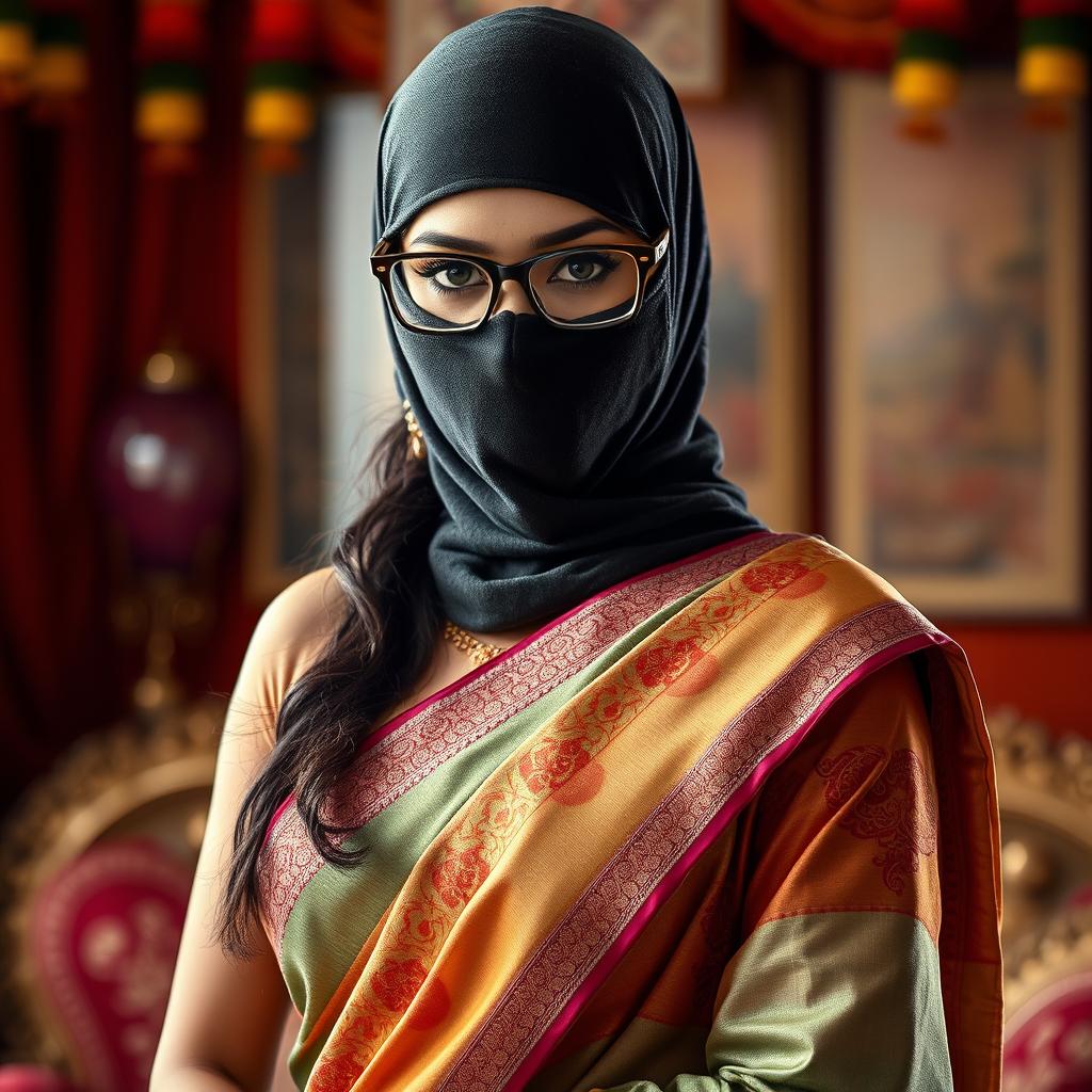 A hot Indian sexy girl elegantly dressed in a beautifully draped saree that accentuates her curves, with a slim face covered by a tightly fitted balaclava, enhancing her allure