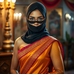 A hot Indian sexy girl elegantly dressed in a beautifully draped saree that accentuates her curves, with a slim face covered by a tightly fitted balaclava, enhancing her allure