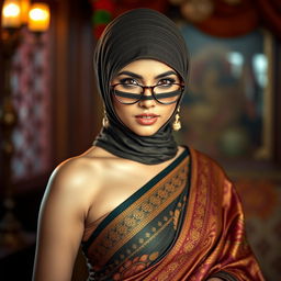 A hot Indian sexy girl elegantly dressed in a beautifully draped saree that accentuates her curves, with a slim face covered by a tightly fitted balaclava, enhancing her allure
