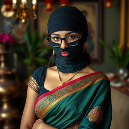 A hot Indian sexy girl elegantly dressed in a beautifully draped saree that accentuates her curves, with a slim face covered by a tightly fitted balaclava, enhancing her allure