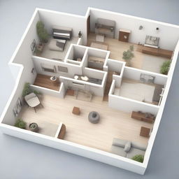 An elegantly detailed, bird's eye perspective of a fully furnished first floor of a modern house with natural light flooding in.