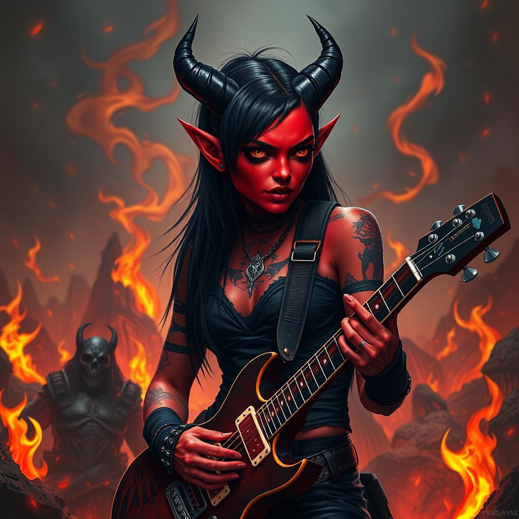A female Tiefling Bard Warlock featuring vibrant red skin and sleek black hair, with small black horns extending straight back from her temples