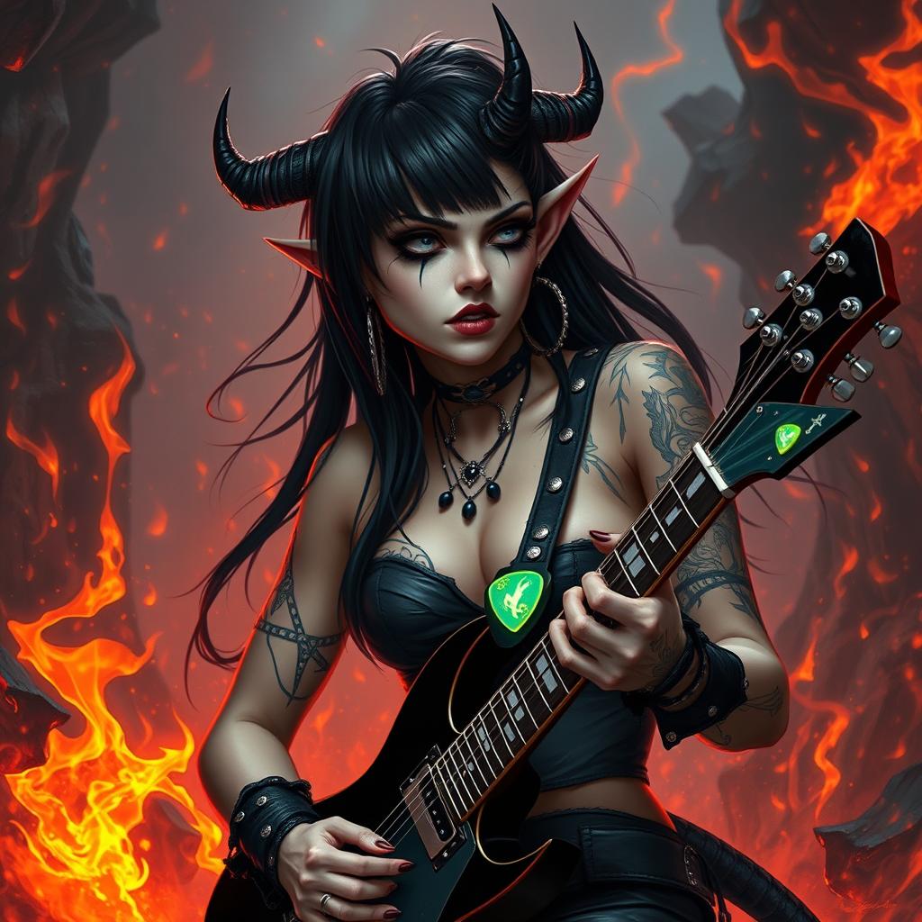 A female Tiefling Bard Warlock with pale skin and striking black hair, featuring small black horns extending straight back from her temples and a devil tail