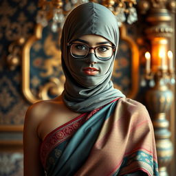 A hot Indian sexy girl elegantly dressed in a beautifully draped saree that accentuates her curves, featuring a slim face partially covered by a tight-fitting balaclava, enhancing her allure