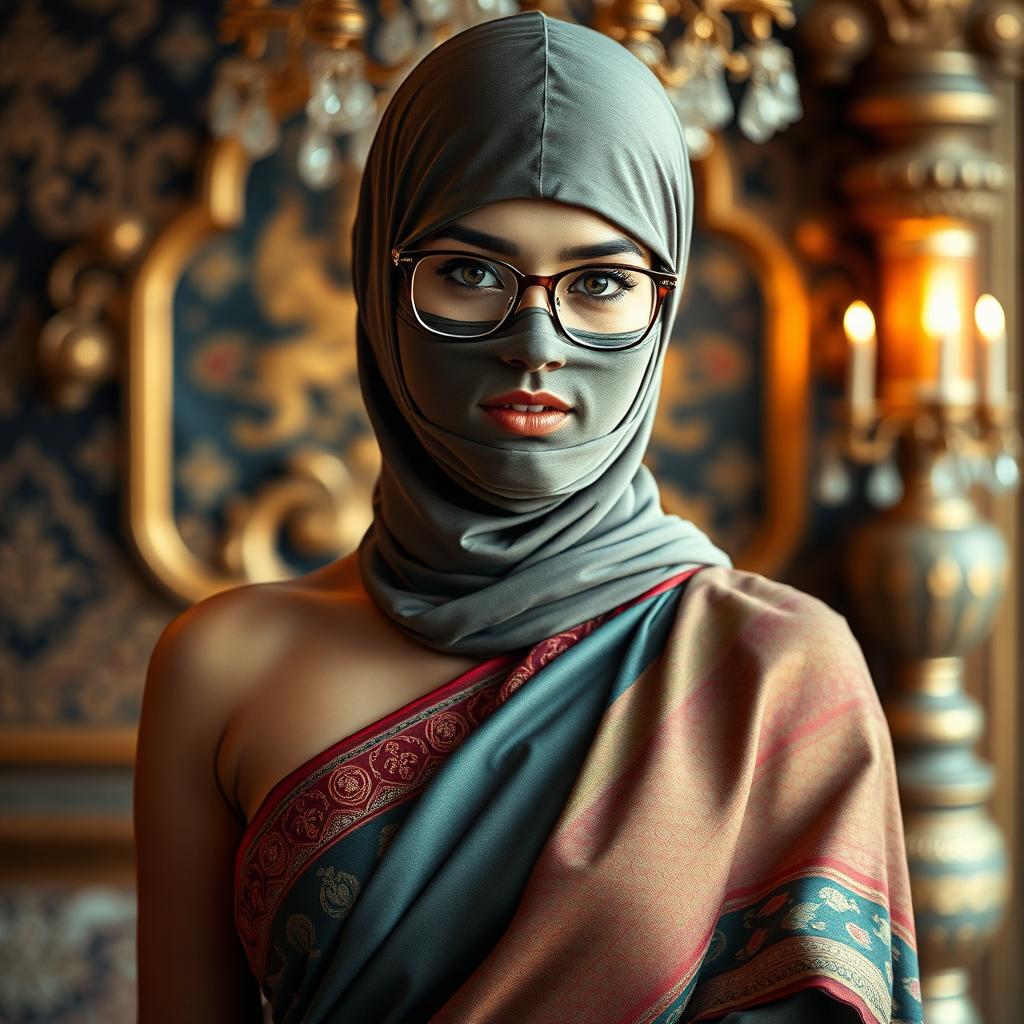 A hot Indian sexy girl elegantly dressed in a beautifully draped saree that accentuates her curves, featuring a slim face partially covered by a tight-fitting balaclava, enhancing her allure