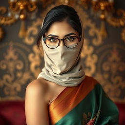 A hot Indian sexy girl elegantly dressed in a beautifully draped saree that accentuates her curves, featuring a slim face partially covered by a tight-fitting balaclava, enhancing her allure