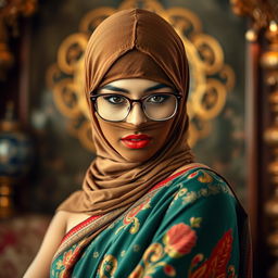 A hot Indian sexy girl elegantly dressed in a beautifully draped saree that accentuates her curves, featuring a slim face partially covered by a tight-fitting balaclava, enhancing her allure