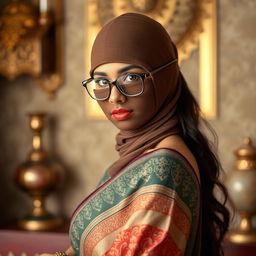 A hot Indian sexy girl gracefully clad in a beautifully draped saree that accentuates her alluring curves, featuring a slim face obscured by a snug, tightly fitted balaclava, which adds an air of mystery