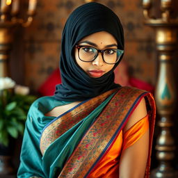 A hot Indian sexy girl gracefully clad in a beautifully draped saree that accentuates her alluring curves, featuring a slim face obscured by a snug, tightly fitted balaclava, which adds an air of mystery