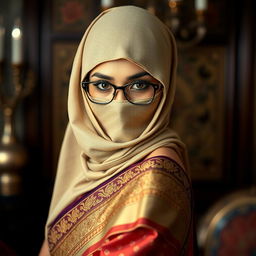 A hot Indian sexy girl gracefully clad in a beautifully draped saree that accentuates her alluring curves, featuring a slim face obscured by a snug, tightly fitted balaclava, which adds an air of mystery