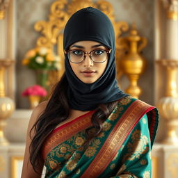 A hot Indian sexy girl gracefully clad in a beautifully draped saree that accentuates her alluring curves, featuring a slim face obscured by a snug, tightly fitted balaclava, which adds an air of mystery
