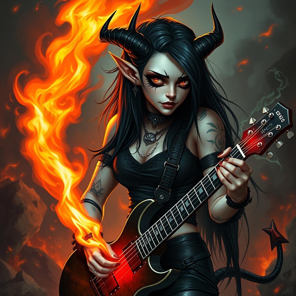 A female Tiefling Bard Warlock with pale skin and long black hair, featuring small black horns that curve straight back from her temples