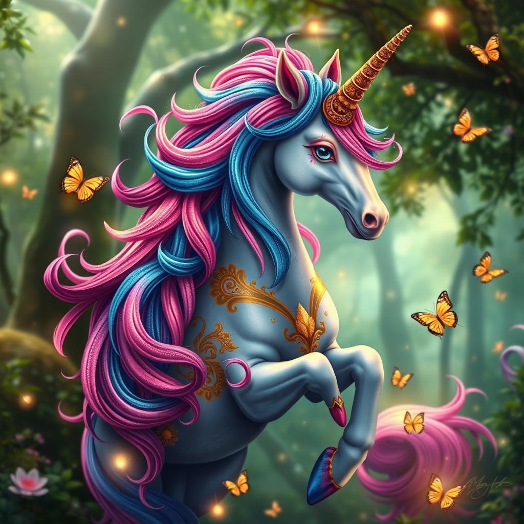 A vibrant representation of an Indian unicorn, featuring an ethereal design with a multi-colored mane flowing with hues of deep blue, vivid pink, and shimmering gold