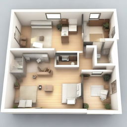 An elegantly detailed, bird's eye perspective of a fully furnished first floor of a modern house with natural light flooding in.