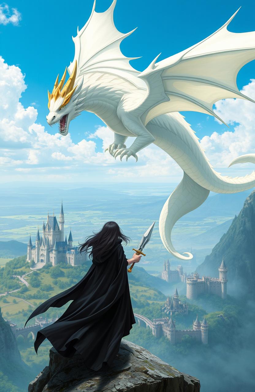 A mysterious girl in a flowing black cloak stands on a cliff, overlooking a vast and majestic kingdom