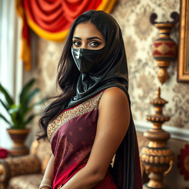 A hot Indian sexy girl dressed in a stunning saree that highlights her curves, featuring a slim face partially covered by a sleek latex rubber balaclava that adds a bold and edgy twist to her look