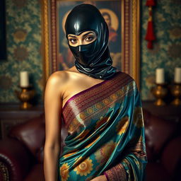 A hot Indian sexy girl dressed in a stunning saree that highlights her curves, featuring a slim face partially covered by a sleek latex rubber balaclava that adds a bold and edgy twist to her look