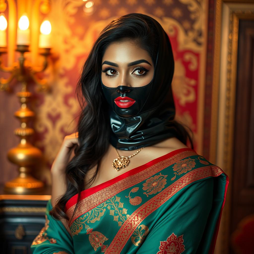 A hot Indian sexy girl dressed in a stunning saree that highlights her curves, featuring a slim face partially covered by a sleek latex rubber balaclava that adds a bold and edgy twist to her look