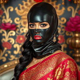 A hot Indian sexy girl elegantly styled in a traditional saree that beautifully showcases her figure, featuring a slim face partially covered by a tight latex rubber balaclava that gives her a modern and daring edge