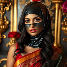 A hot Indian sexy girl elegantly styled in a traditional saree that beautifully showcases her figure, featuring a slim face partially covered by a tight latex rubber balaclava that gives her a modern and daring edge