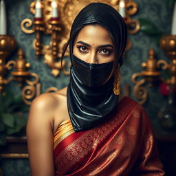 A hot Indian sexy girl elegantly styled in a traditional saree that beautifully showcases her figure, featuring a slim face partially covered by a tight latex rubber balaclava that gives her a modern and daring edge