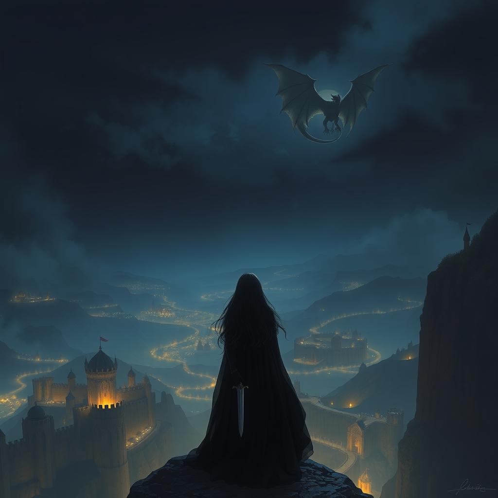 A girl cloaked in black stands on the edge of a cliff, gazing down into a vast kingdom cloaked in twilight
