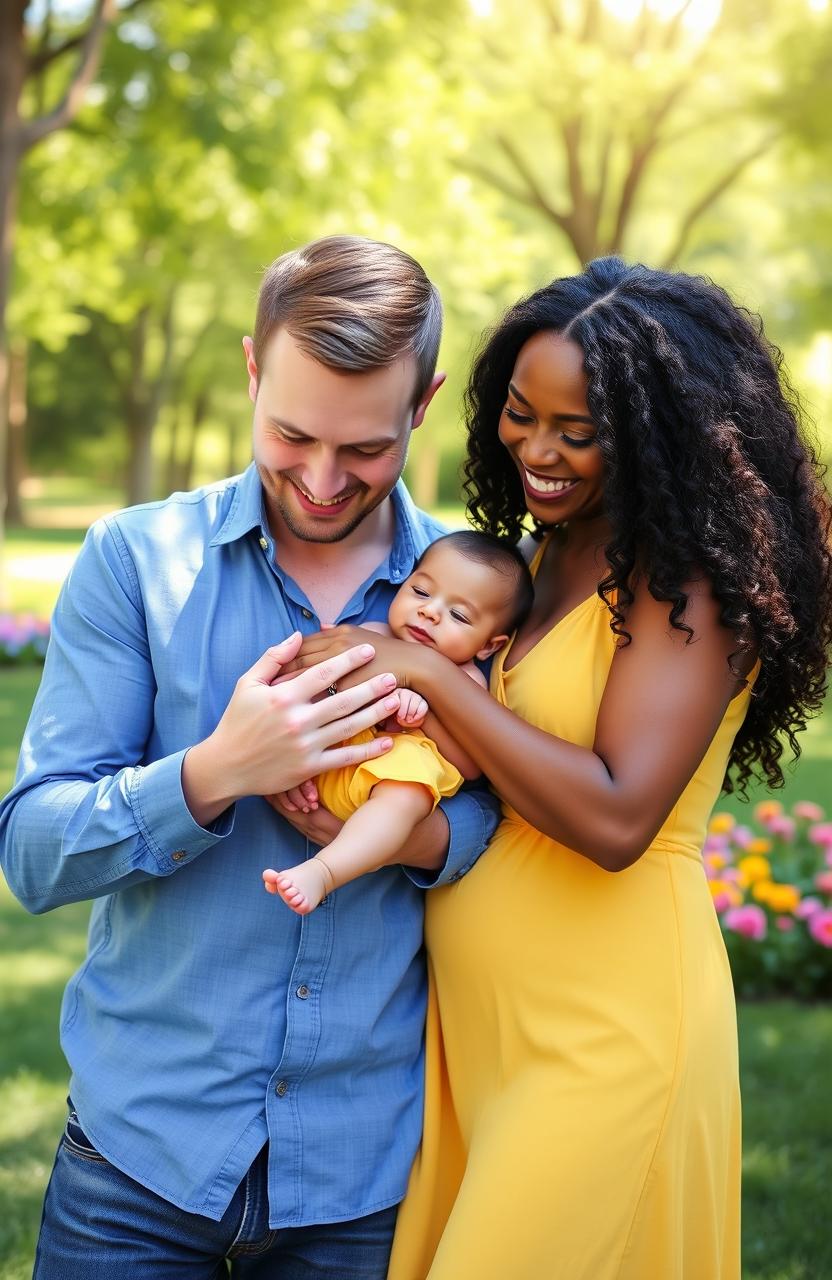 A joyful family scene featuring a white man and a black woman lovingly holding their baby