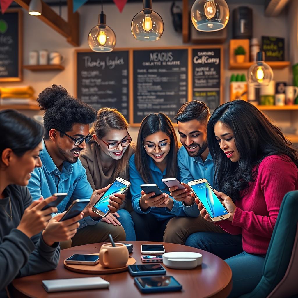 An artistic representation of a modern tech community featuring Samsung Galaxy Note 3 smartphones prominently displayed