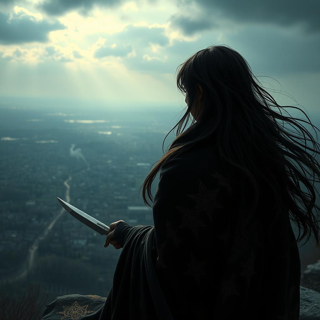 In a dark and atmospheric setting, a girl cloaked in black gazes into a vast kingdom from a high vantage point