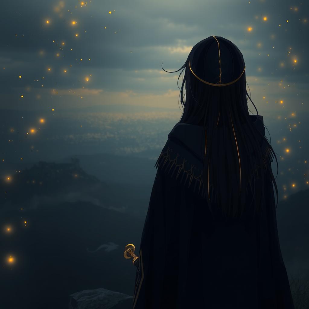 From a rear perspective, a girl with long black hair stands on a mountain, gazing out over a sprawling kingdom in the distance