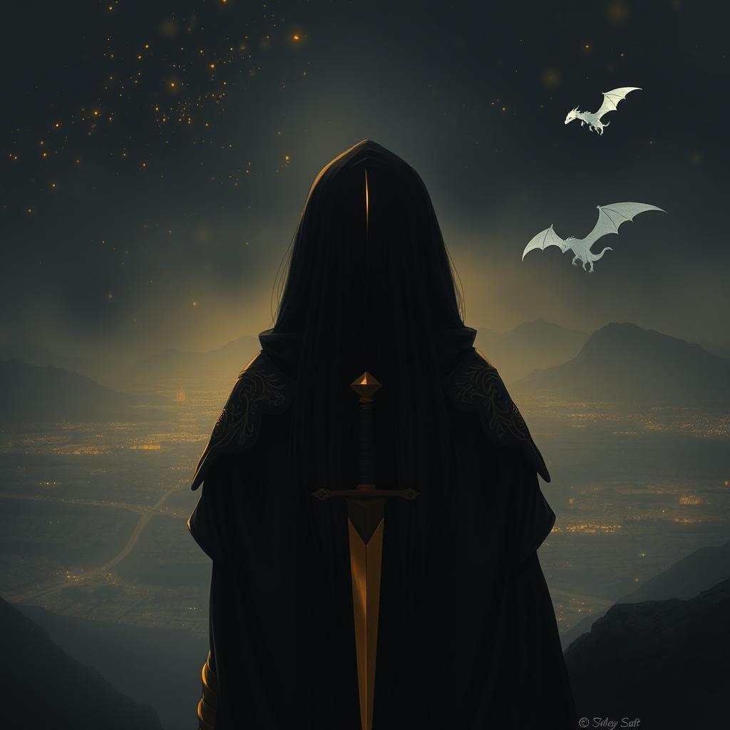 From a rearview perspective, a girl with long black hair stands on a mountainside, staring out over a sprawling kingdom in the distance
