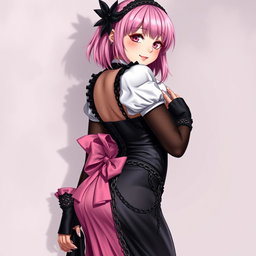 A realistic depiction of a sexy gothic anime maid/slave girl with a flustered subtle smile and a rosy blush adorning her cheeks