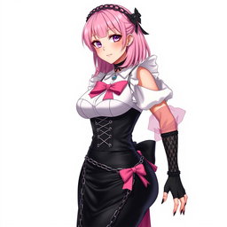 A realistic depiction of a sexy gothic anime maid/slave girl with a flustered subtle smile and a rosy blush adorning her cheeks